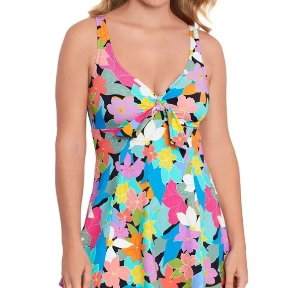 Swim Solutions Floral Frenzy Tummy Control Thigh Enhancer Swim Dress NEW - Picture 3 of 16